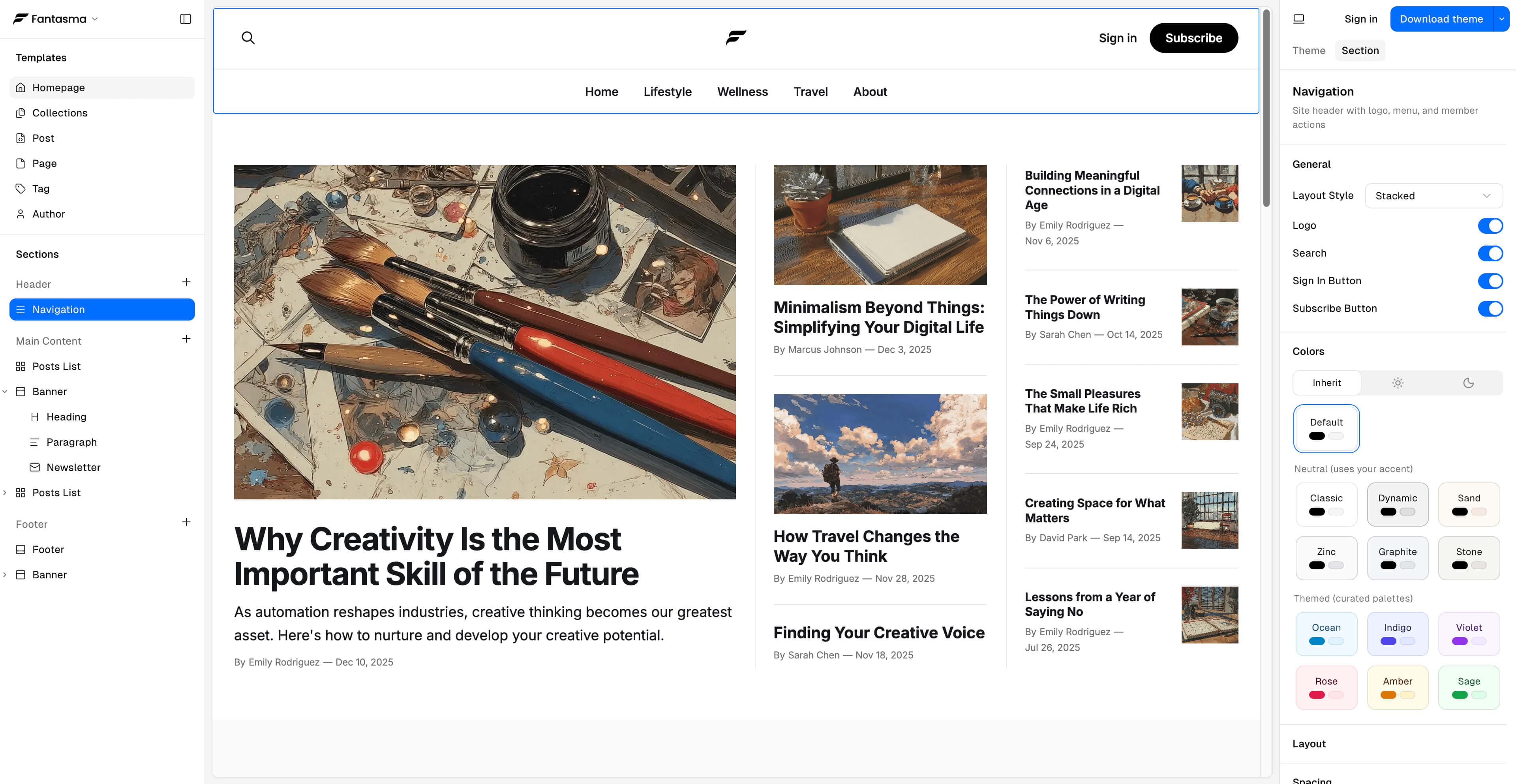 Fantasma visual theme builder interface