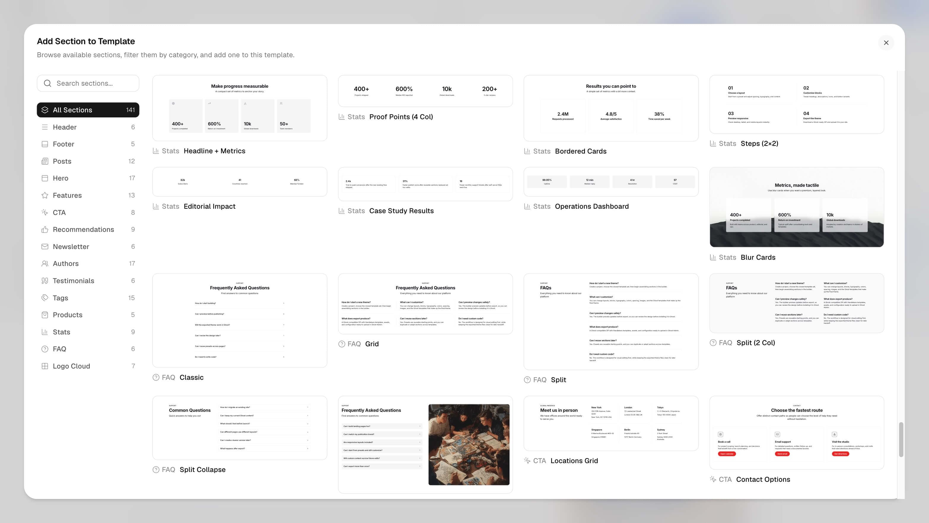 Add Section to Template dialog