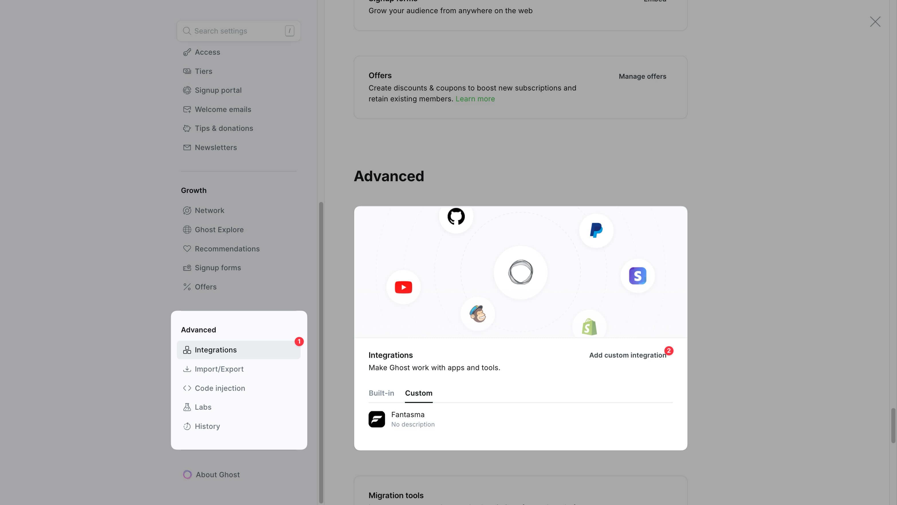 Create Integration in Ghost Step 1