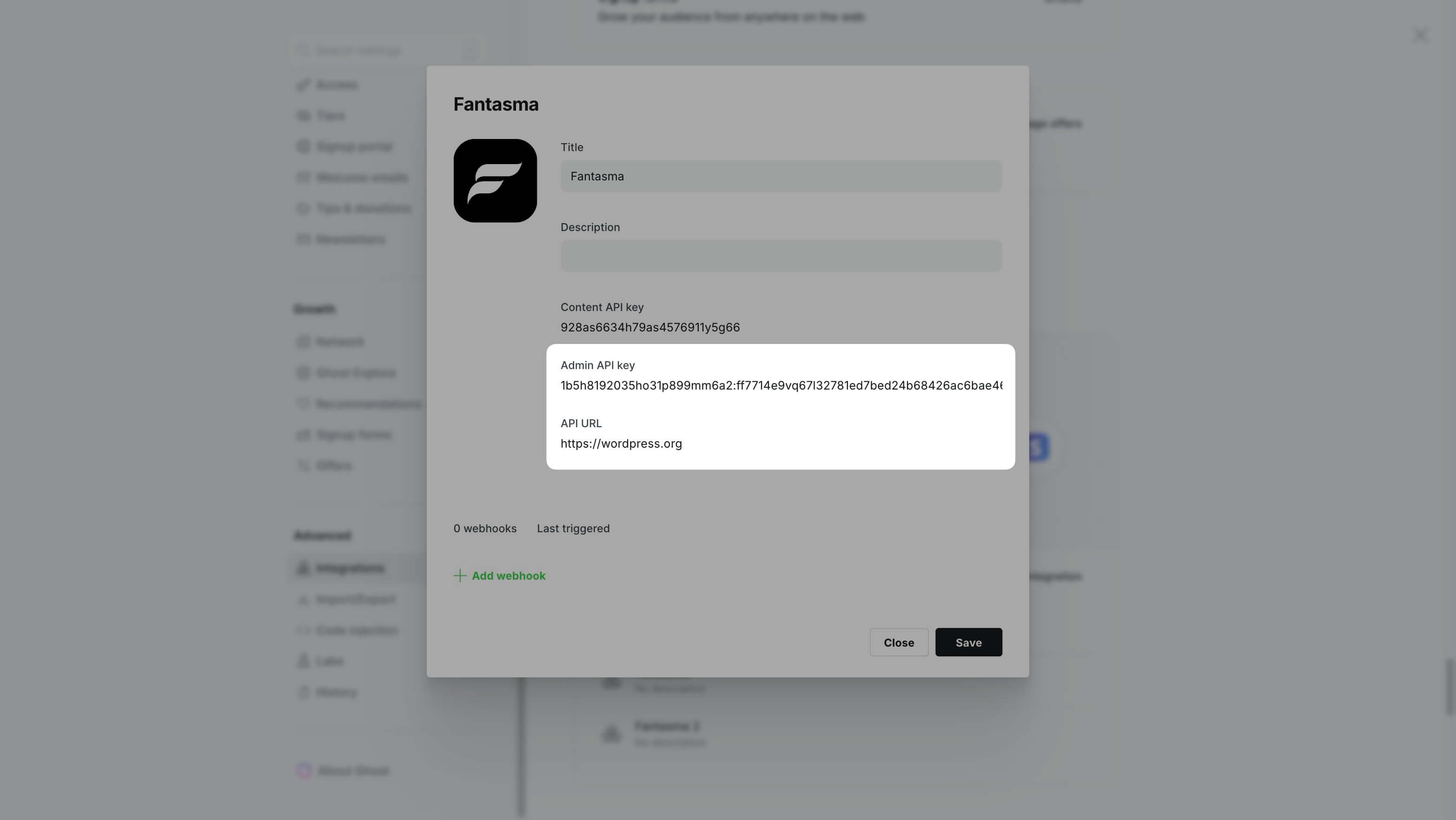 Create Integration in Ghost Step 2