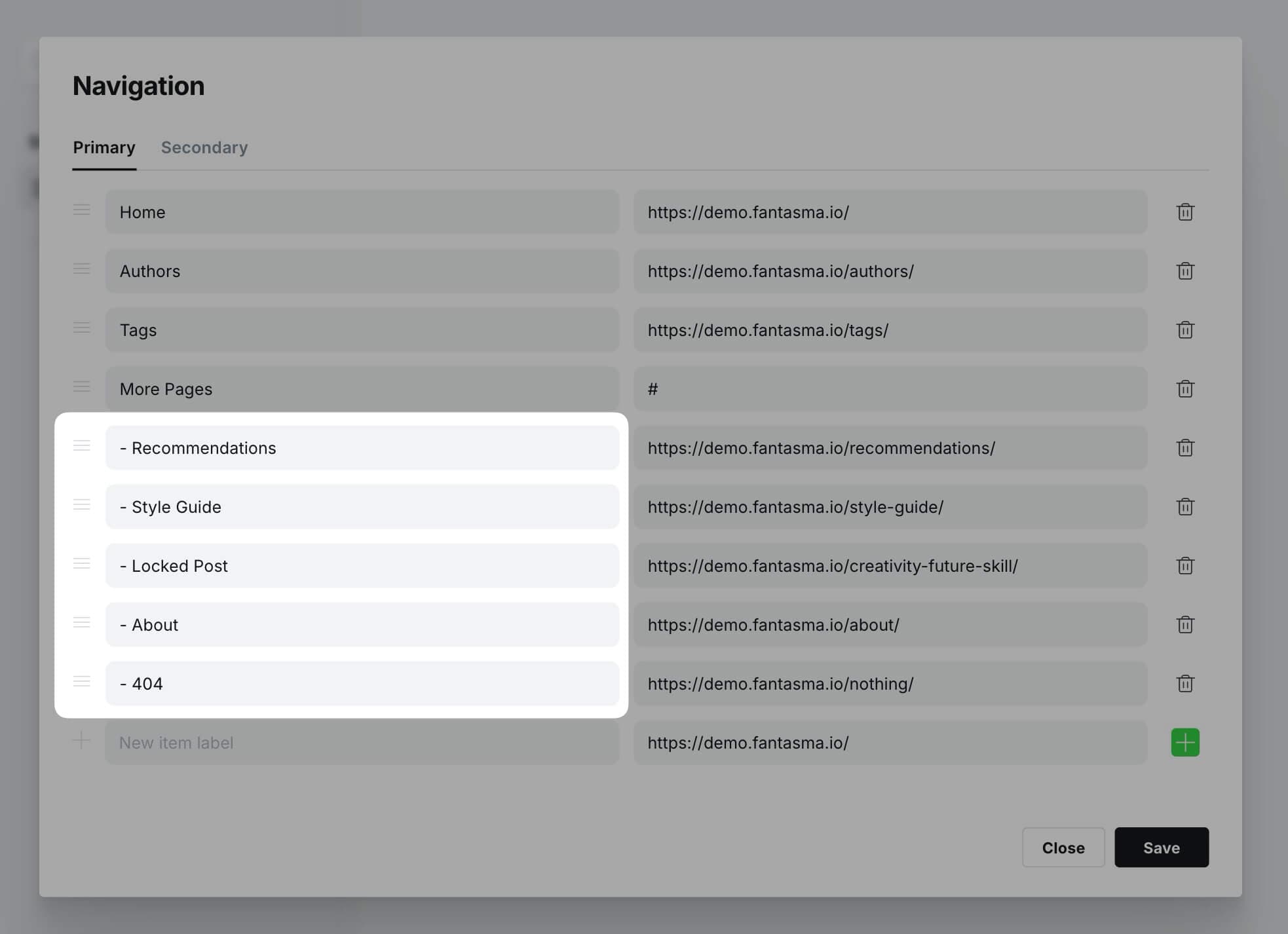 Ghost Navigation with dropdown child labels