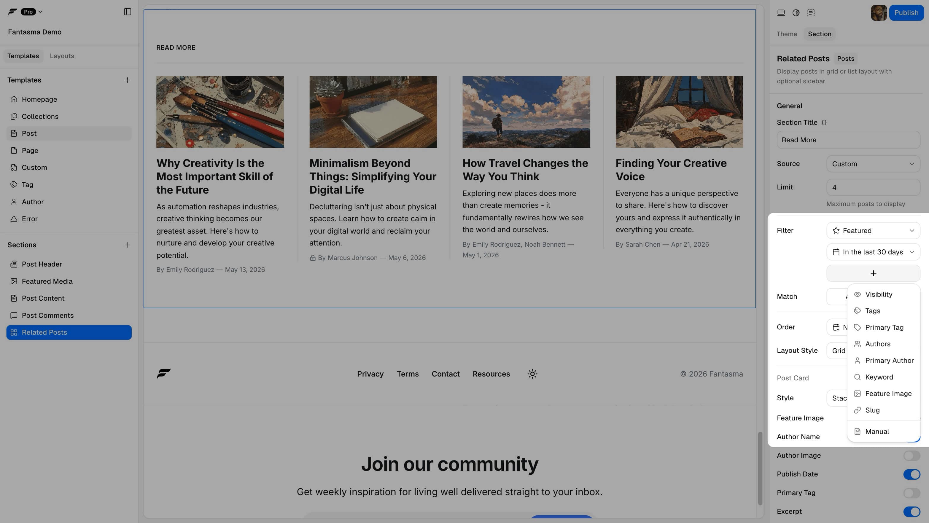 Posts section visual filter builder